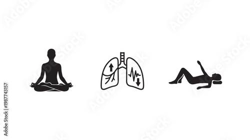 Meditation Silhouette Set with Lungs ECG and Resting Human Figures for Health Wellness Concepts