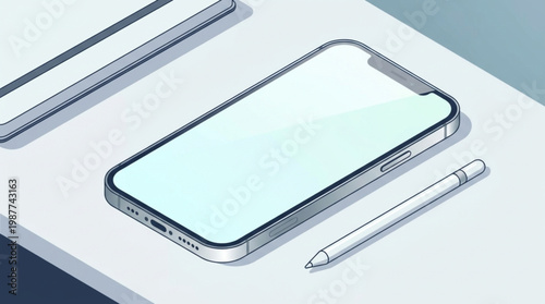 A sleek smartphone and stylus rest on a clean white desk with a subtle blue background