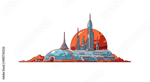 Futuristic Mars Colony Base with Tall Spires and Rising Red Sun