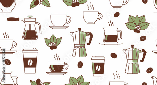 Coffee Icons Seamless Pattern in Flat Line Art Style