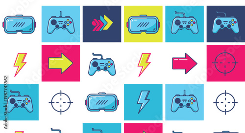 Retro Gaming and VR Icon Grid in Neon Colors