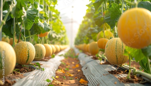 A serene greenhouse filled with vibrant melons and lush greenery