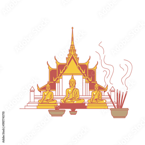 Traditional Thai Buddhist Temple with Statues and Incense Vector