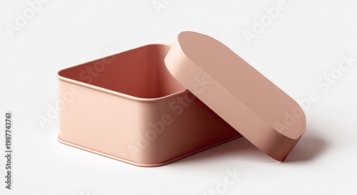 A pink, lidded rectangular container stands open against a white background