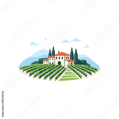 Vineyard Landscape with Mediterranean Villa Illustration
