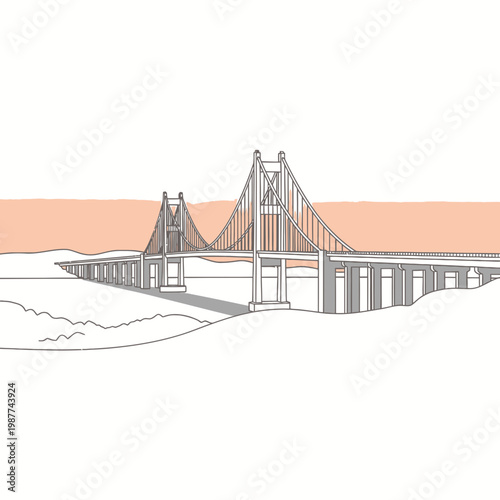 Minimalist Line Art Illustration of a Suspension Bridge at Sunset