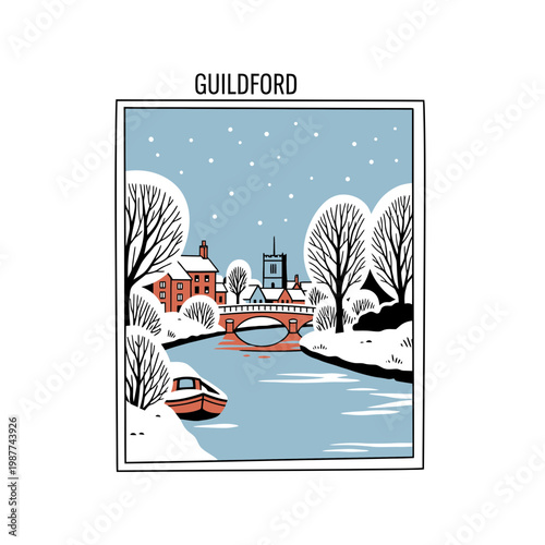 Guildford England winter river scene illustration with snow