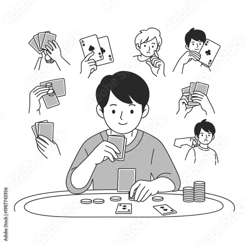 Poker Game Concept with Character and Card Playing Hands