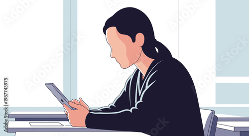 Woman sitting at desk with tablet.