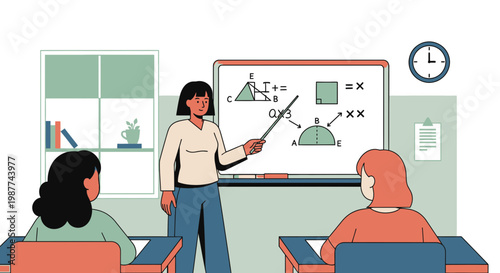 Woman teacher standing in classroom.