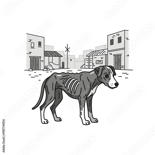 Thin Stray Dog in Abandoned Village Street Illustration