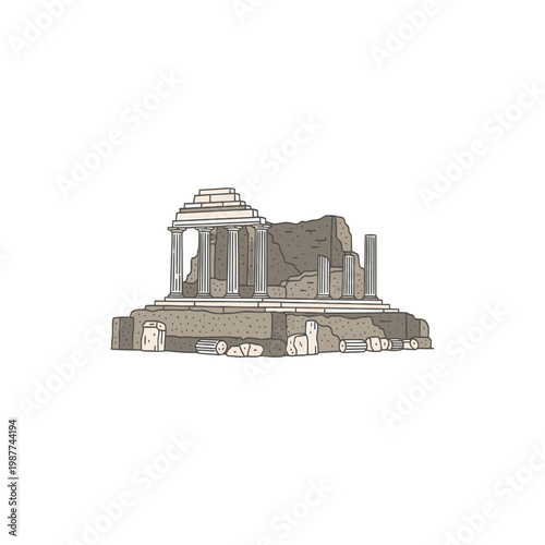 Illustration of Ancient Greek or Roman Temple Ruins with Columns