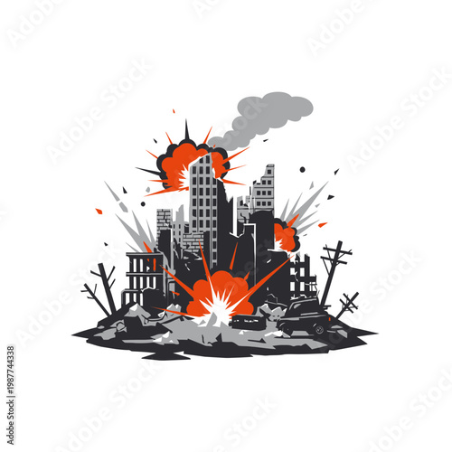 War zone city destruction with explosions and crumbling buildings