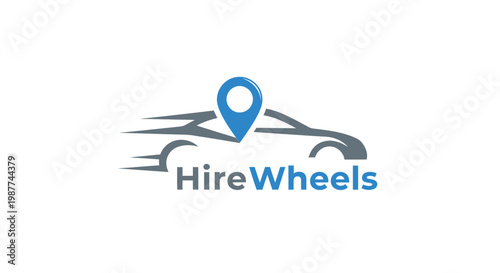 Hire Wheels logo featuring car silhouette and location marker, travel concept.