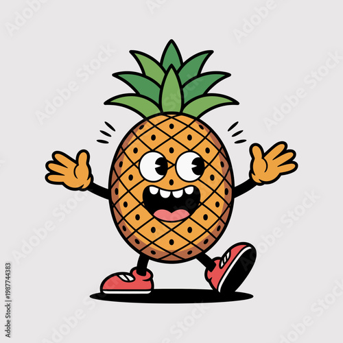 Cheerful pineapple character in retro cartoon style walking happily with open arms wearing red sneakers isolated on a light grey background for fun graphic design projects