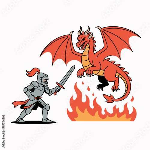 Brave medieval knight in shining armor wielding a sharp steel sword fighting a fearsome flying red dragon breathing intense flames in a classic epic fantasy battle scene