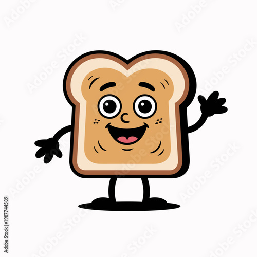 Friendly cartoon bread slice character waving hand hello with cheerful smiling face expressing joy and happiness in a simple vector illustration style on white background