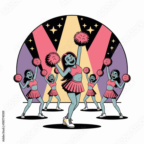 Energetic cheerleader squad performing synchronized dance routine with pink pom poms under bright stage spotlight in a vibrant retro comic book illustration style art