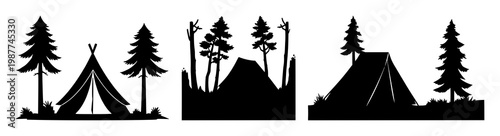 Camping tent set with solid black icon design featuring outdoor, wilderness, adventure with travel and recreation