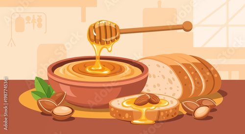 Moroccan Amlou Argan Oil Dip and Honey Flat Illustration