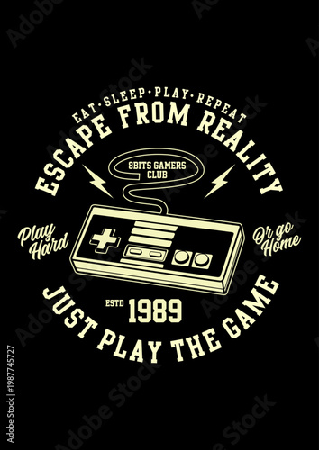 ​Retro gaming controller vector with Escape from Reality typography, vintage arcade style for streetwear.