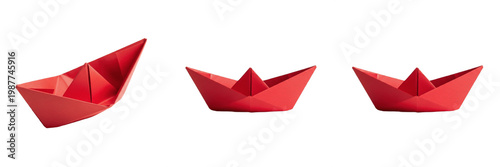 Cuadro en lienzo Set of Red Origami Paper Boats Isolated on White Background Digital Illustration