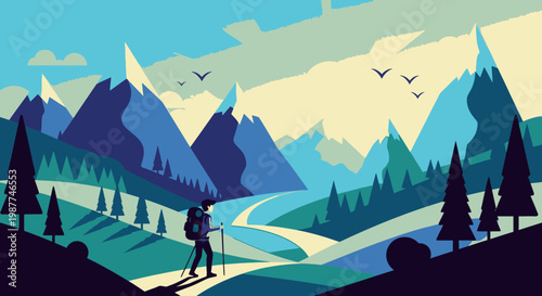 Hiker Walking on Winding Mountain Trail.