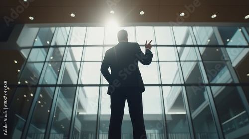 Confident CEO giving speech to employees in large conference room