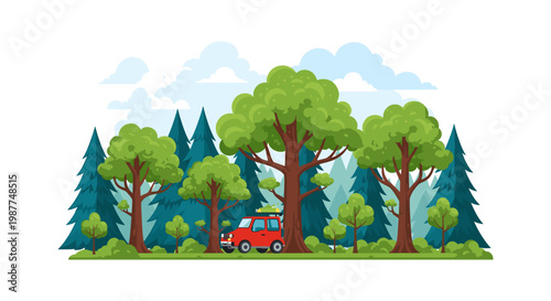 Red car parked in a lush green forest with various trees under a blue sky, depicting a peaceful nature scene.
