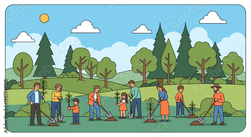 Families and individuals planting young trees in a green park landscape under a sunny sky, promoting environmental conservation and community engagement.
