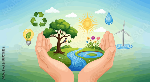 Hands cradle a vibrant ecosystem with a tree, river, flowers, and symbols of sustainability like recycling and a wind turbine.
