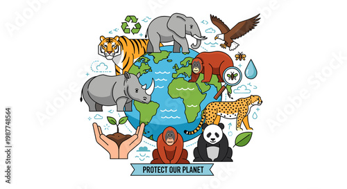 A colorful illustration of endangered animals surrounding the Earth, emphasizing global wildlife conservation and environmental protection.