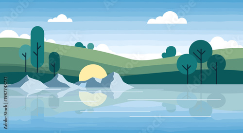 A serene minimalist landscape illustration of a calm lake reflecting green hills, stylized trees, and a sun behind geometric mountains under a blue sky.