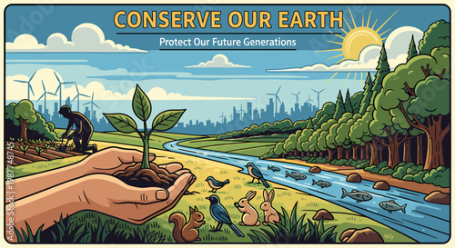 A vibrant illustration showing hands planting a seedling, with a river, forest, animals, and a city with wind turbines, promoting earth conservation.