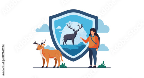 Woman and deer with a shield symbolizing wildlife protection and nature conservation.