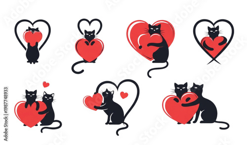 Playful cat love icons heart shape silhouettes vector illustration set for pet lovers