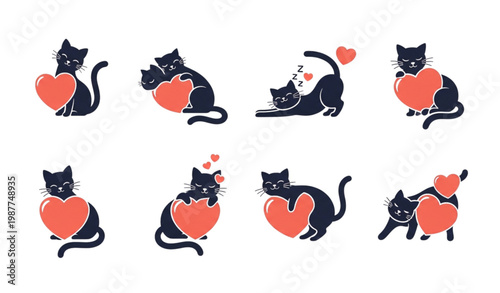 Cute cat lover icons set heart shapes cat silhouettes vector illustration collection