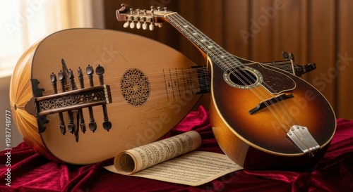 Antique Musical Instruments - Lute and Mandolin on Red Velvet.