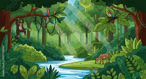 Vibrant cartoon illustration of a lush tropical jungle with a winding river, a monkey, parrots, and a deer, bathed in sun rays.