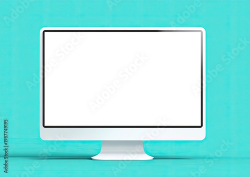 Modern white computer monitor with blank screen on a turquoise textured surface