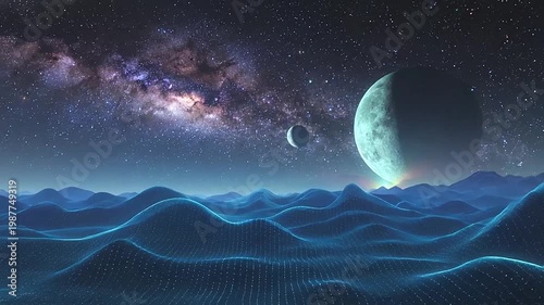 A beautiful digital landscape with planets and a starry night sky in the vast universe