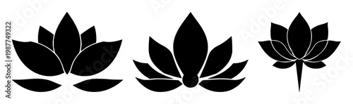 Mindfulness meditation lotus flower icon set with solid black color and simple elegant design featuring yoga, spirituality, and wellness with relaxation and balance