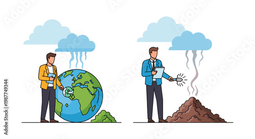 Illustration comparing environmental research on Earth with a scientist studying volcanic activity and its emissions.