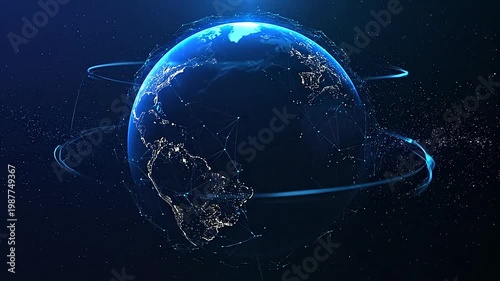 A digital representation of a planet with connecting lines and glowing lights in space