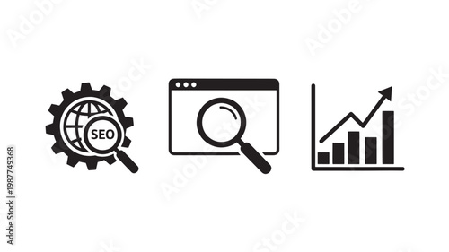 SEO Optimization Icons Set with Magnifying Glass Analytics Growth Chart for Digital Marketing