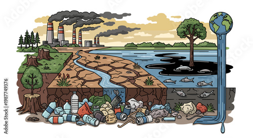Environmental degradation illustrated: industrial pollution, deforestation, drought, and water contamination leading to ecological collapse and melting glaciers.