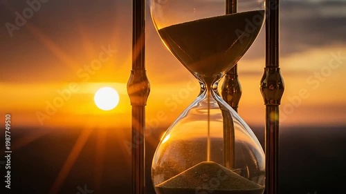 An hourglass with golden frame shows the passage of time against a sunset background