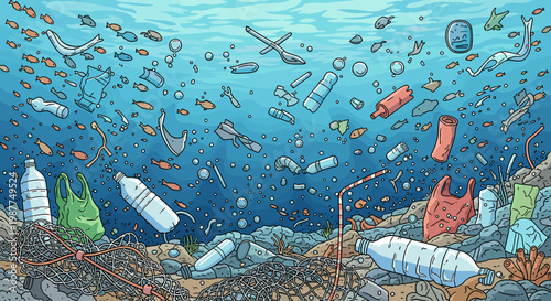 Underwater scene depicting marine life swimming amidst a vast amount of plastic pollution, including bottles, bags, and straws, highlighting environmental damage.