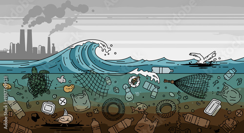 Illustration showing severe ocean pollution with industrial background, plastic waste, entangled marine life, and a struggling swan.