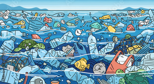 A detailed cartoon illustration showing severe plastic pollution in the ocean, with marine life like turtles and fish swimming amidst bottles and bags.